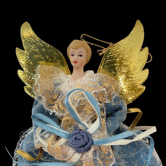 Vintage Handmade Angel Tree Topper With Golden Wings & Blue Gown Lace Overlay - Picture 2 of 8